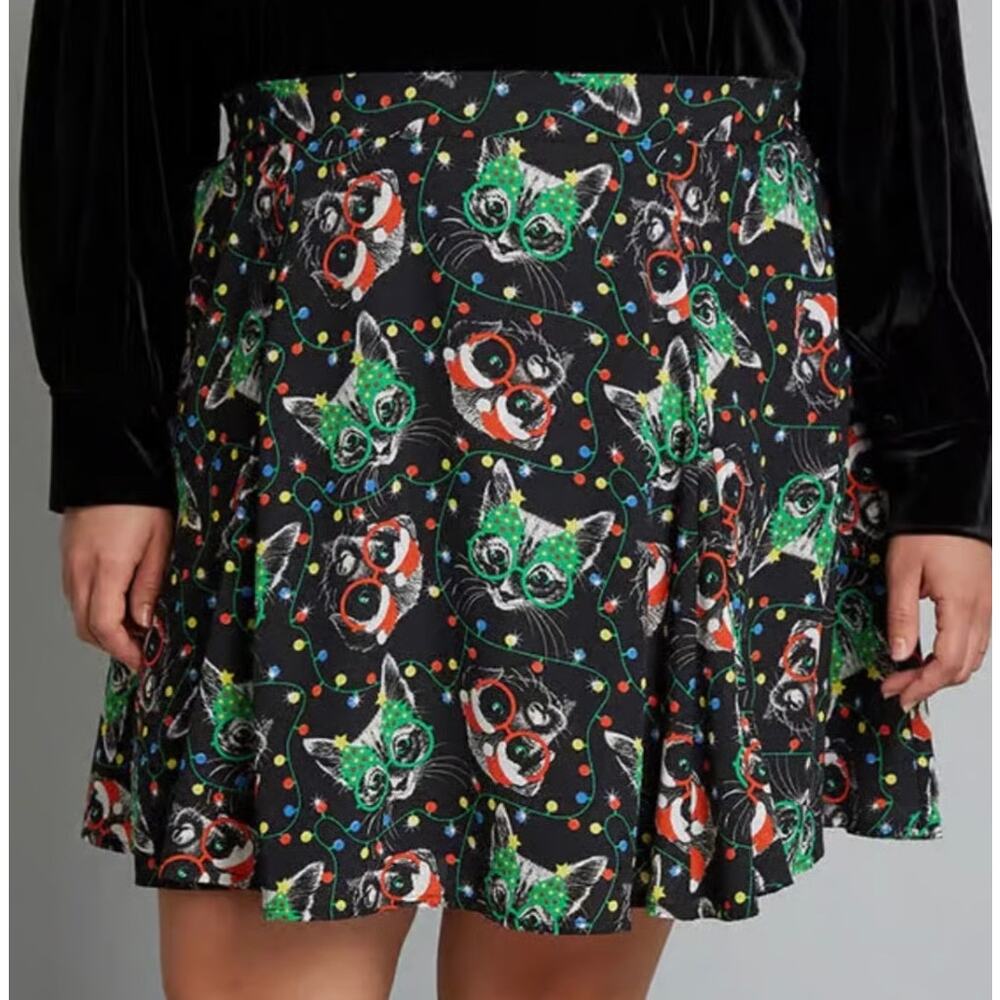 Modcloth Stay Sassy Christmas Holiday Kitties Cat Skater Skirt L NWT